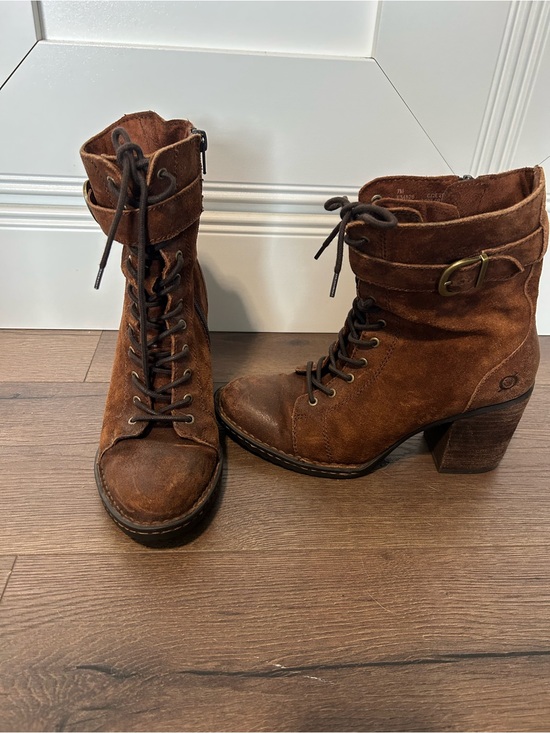 Born Shoes - Born Brown Suede Lace-Up Ankle Boots with Block Heel